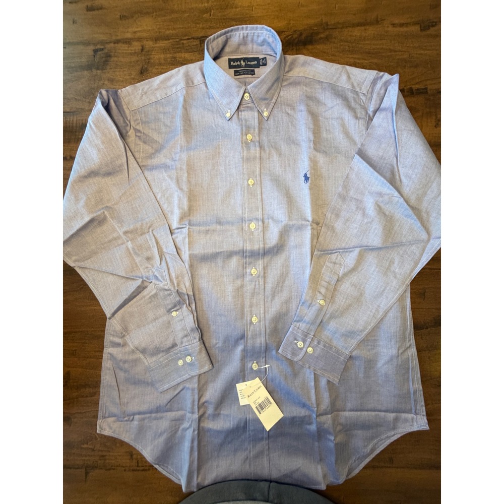 Ralph Lauren Yarmouth Dress Shirt Mens 16 34/35 Blue Herringbone Cotton NWT